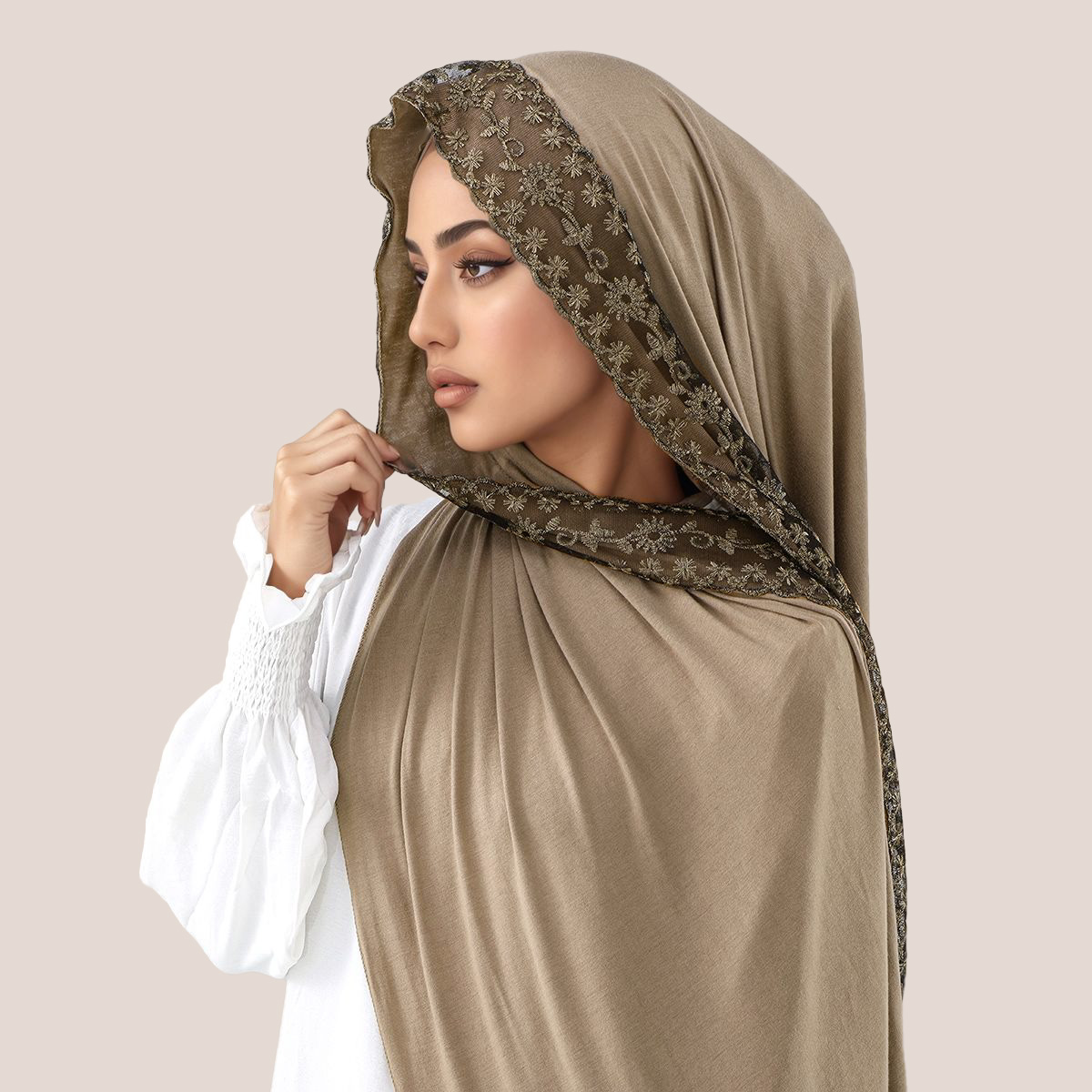 Women'S Fashion Headbands - Lace Embroidery Cotton Jersey Muslim Hijab