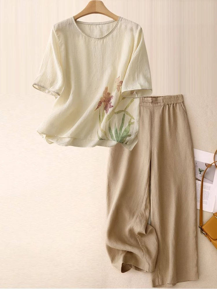 Women Fashion Over 60 - Casual Linen Cotton Two-Piece Set for