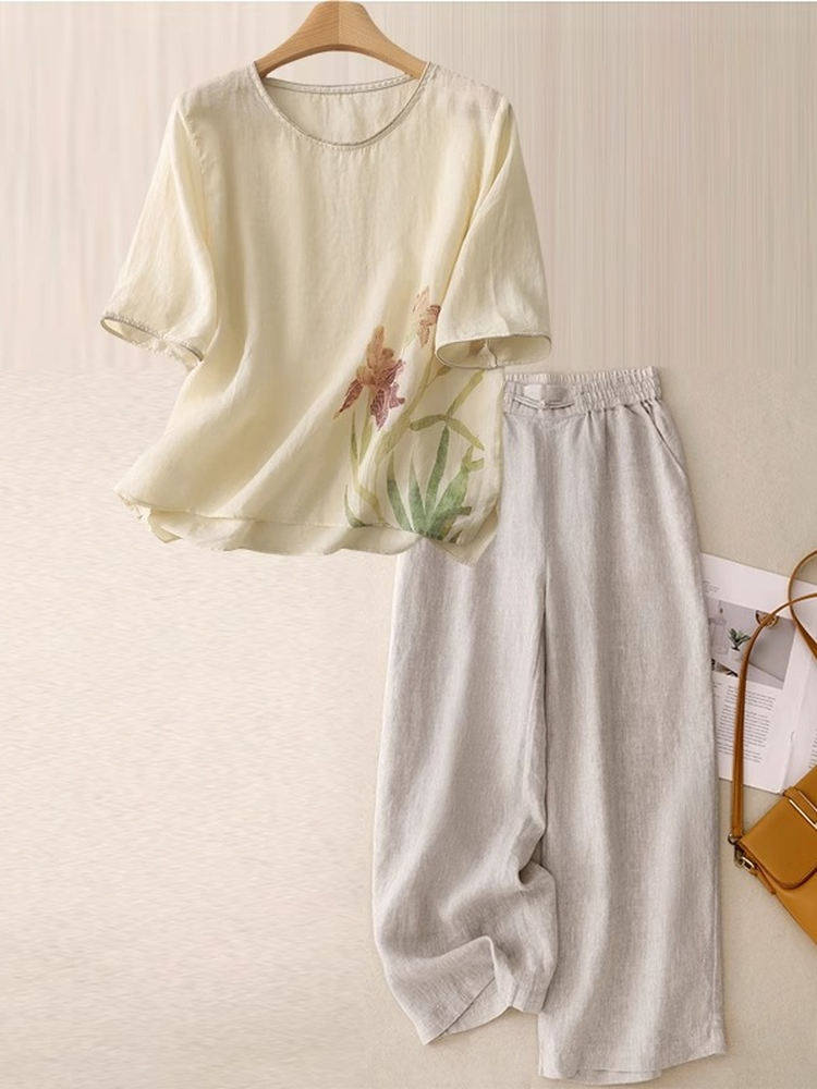 Casual Linen Cotton Two-Piece  - Women Fashion Over 60 review and price