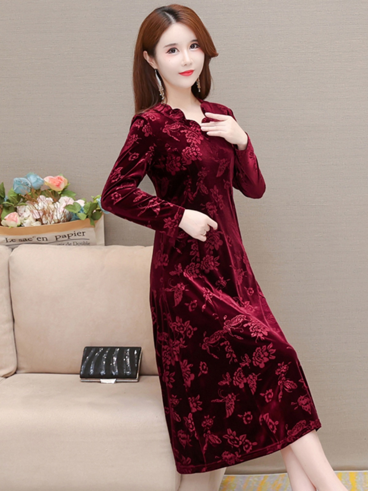 Elegant Velvet Dress V-Neck Mi - Women Fashion Over 60 review and price