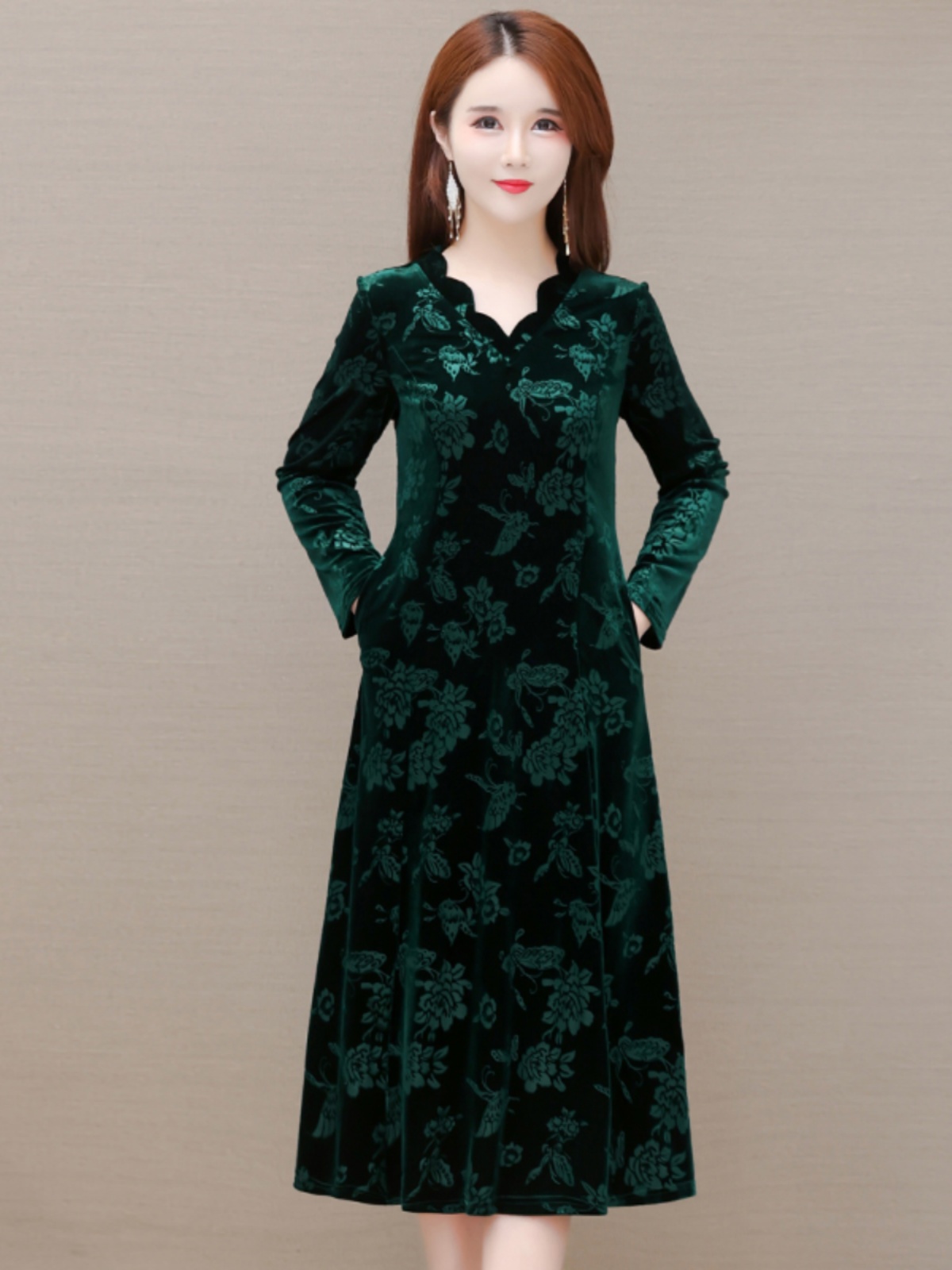 Elegant Velvet Dress V-Neck Mi - Women Fashion Over 60 review and price