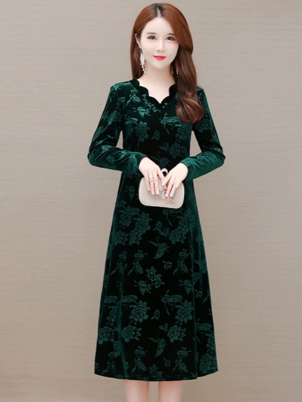 Elegant Velvet Dress V-Neck Mi - Women Fashion Over 60 review and price